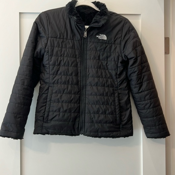 The North Face Girls Reversible Jacket Puffer/Faux Fur. Black w/ pockets - sz L - Picture 1 of 9